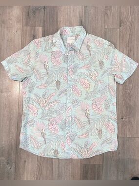 American Eagle Outfitters Pastel Mint & Pink Tropical Button-Down Shirt